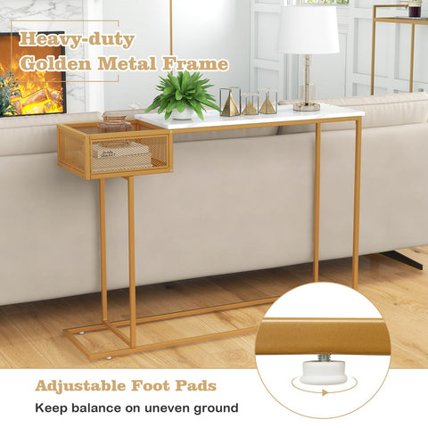 Stylish Gold Framed Entryway Console Table with Faux Marble Table Top and Storage Basket