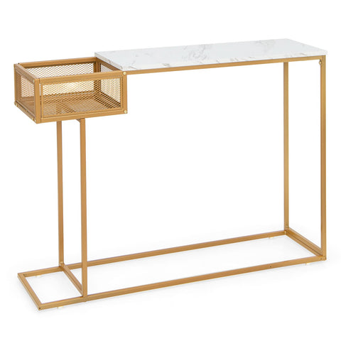 Stylish Gold Framed Entryway Console Table with Faux Marble Table Top and Storage Basket