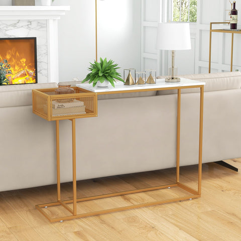 Stylish Gold Framed Entryway Console Table with Faux Marble Table Top and Storage Basket