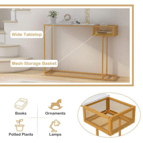 Stylish Gold Framed Entryway Console Table with Faux Marble Table Top and Storage Basket