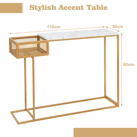 Stylish Gold Framed Entryway Console Table with Faux Marble Table Top and Storage Basket