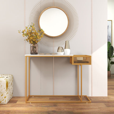 Stylish Gold Framed Entryway Console Table with Faux Marble Table Top and Storage Basket