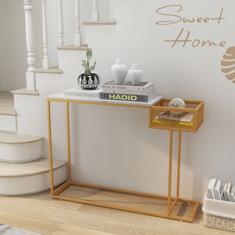 Stylish Gold Framed Entryway Console Table with Faux Marble Table Top and Storage Basket