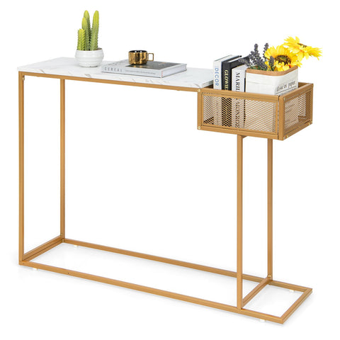Stylish Gold Framed Entryway Console Table with Faux Marble Table Top and Storage Basket