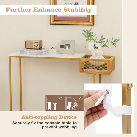 Stylish Gold Framed Entryway Console Table with Faux Marble Table Top and Storage Basket