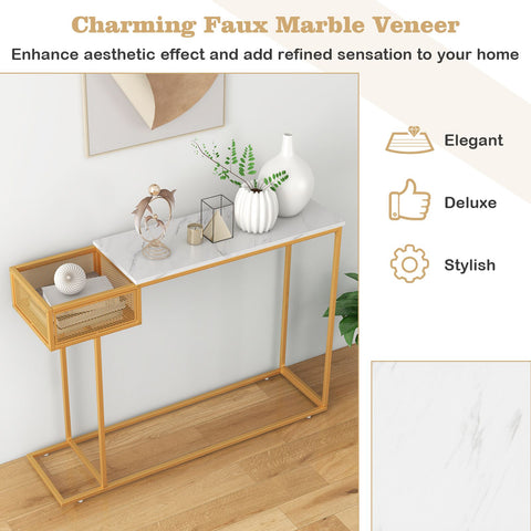 Stylish Gold Framed Entryway Console Table with Faux Marble Table Top and Storage Basket