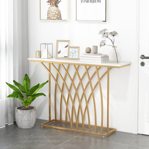 Versatile Console Table with Elegant Golden Frame Design and Faux Marble Table Top