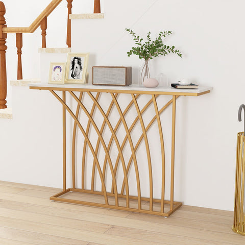 Versatile Console Table with Elegant Golden Frame Design and Faux Marble Table Top