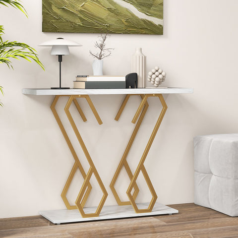 Elegant Modern Entryway Console Table with Sturdy Metal Frame and Faux Marble Top