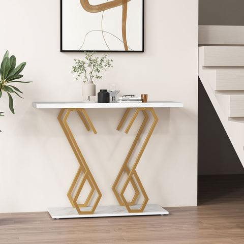 Elegant Modern Entryway Console Table with Sturdy Metal Frame and Faux Marble Top