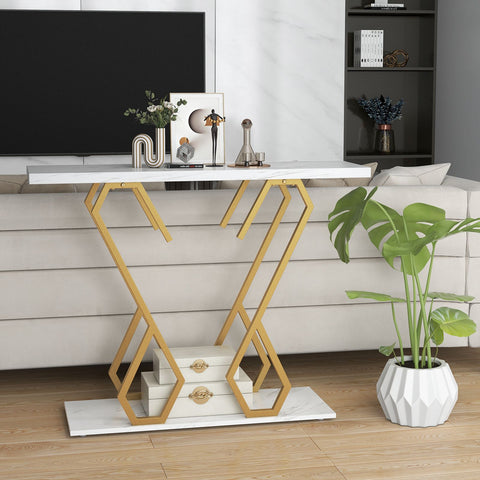 Elegant Modern Entryway Console Table with Sturdy Metal Frame and Faux Marble Top