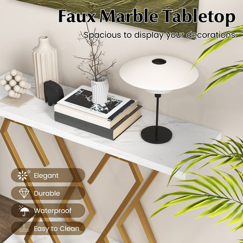 Elegant Modern Entryway Console Table with Sturdy Metal Frame and Faux Marble Top