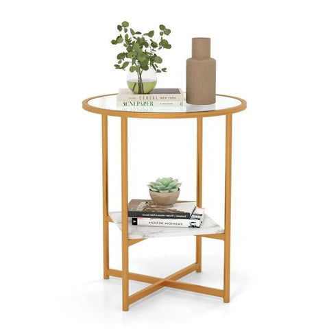 Simple Round Side Table with Storage Shelf and Sturdy Wood Frame