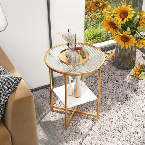 Simple Round Side Table with Storage Shelf and Sturdy Wood Frame