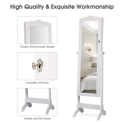 Classic Standing Jewellery Mirror with Storages, Lock and Internal LED