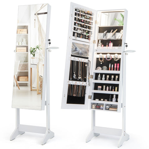 Edgeless Standing Jewellery Mirror with Storages, Lock, Hairdryer Mount and Internal Mirror with LED