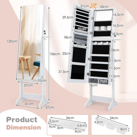 Edgeless Standing Jewellery Mirror with Storages, Lock, Hairdryer Mount and Internal Mirror with LED