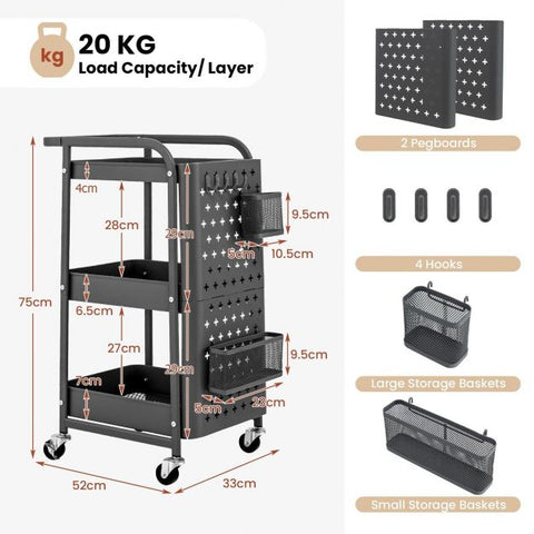 Compact and Multi-Use Utility Cart with Pegboards and Rolling Wheels