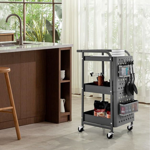 Compact and Multi-Use Utility Cart with Pegboards and Rolling Wheels