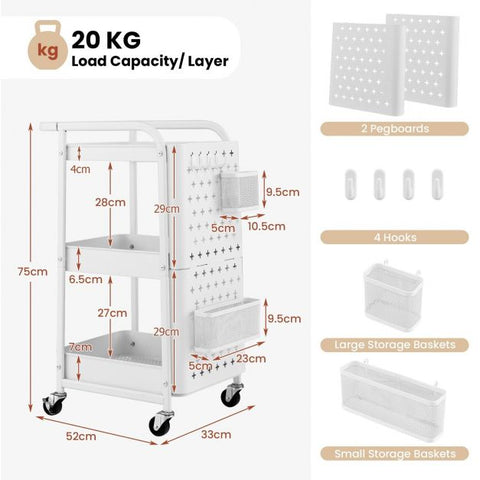 Compact and Multi-Use Utility Cart with Pegboards and Rolling Wheels