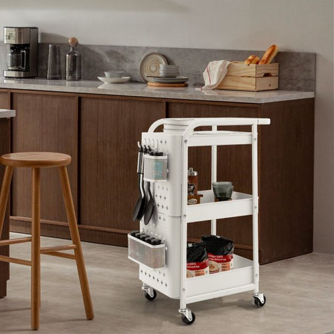 Compact and Multi-Use Utility Cart with Pegboards and Rolling Wheels