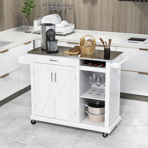 Kitchen Island Cart with Drawer Wine Rack and Adjustable Shelves-White
