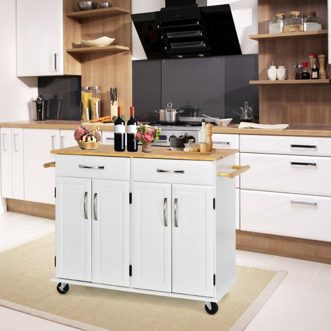 Classic-style Mobile Kitchen Island with Rubber Wood Countertop and Ample Storage