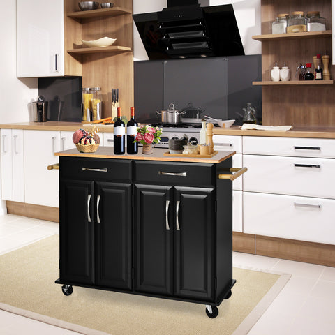 Classic-style Mobile Kitchen Island with Rubber Wood Countertop and Ample Storage