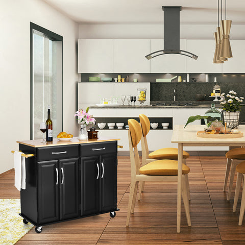 Classic-style Mobile Kitchen Island with Rubber Wood Countertop and Ample Storage