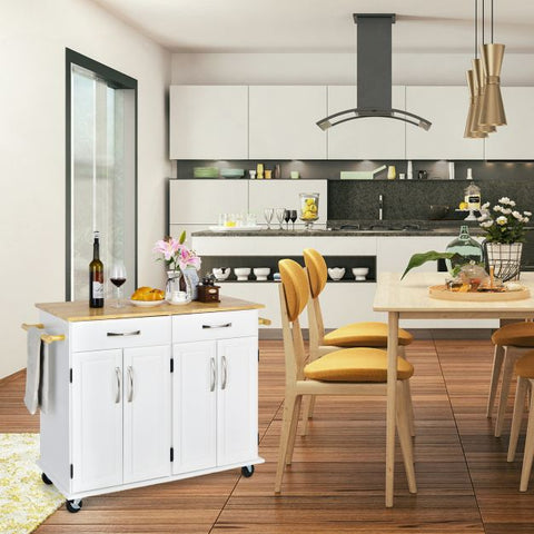 Classic-style Mobile Kitchen Island with Rubber Wood Countertop and Ample Storage