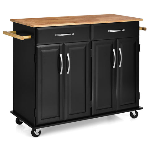 Classic-style Mobile Kitchen Island with Rubber Wood Countertop and Ample Storage