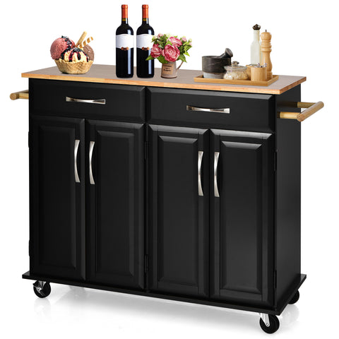 Classic-style Mobile Kitchen Island with Rubber Wood Countertop and Ample Storage