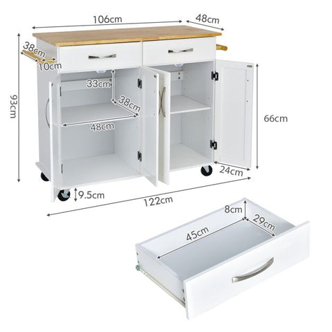 Classic-style Mobile Kitchen Island with Rubber Wood Countertop and Ample Storage