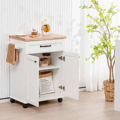 Kitchen Rolling Island Cart with Large Drawer and 2-Door Cabinet-White