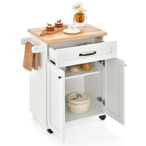 Kitchen Rolling Island Cart with Large Drawer and 2-Door Cabinet-White