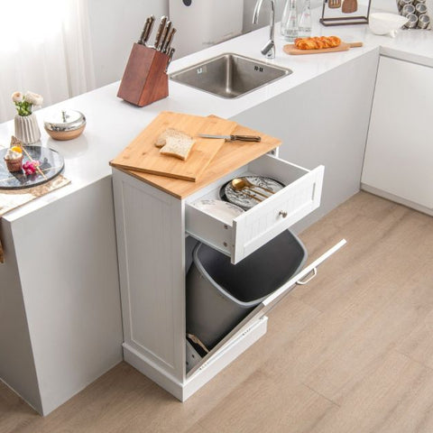 Neat Hideaway Trash Bin Cabinet with Integrated Drawer in White