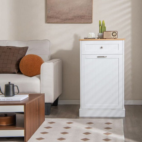 Neat Hideaway Trash Bin Cabinet with Integrated Drawer in White