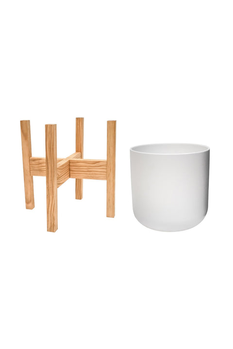 Elegant Indoor Plant Pot with Wooden Stand in White