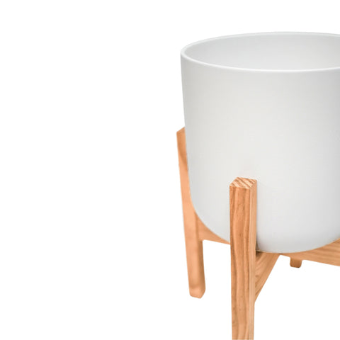 Elegant Indoor Plant Pot with Wooden Stand in White