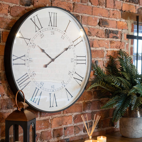 Large Antique-style Embossed Station Clock with Roman Numerals in White