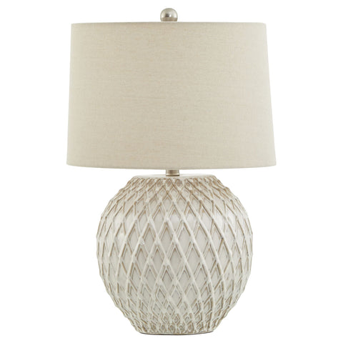 Cream Hue and Natural Linen Shade Lamp with Elegant Lattice Base Design