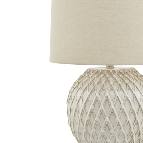 Cream Hue and Natural Linen Shade Lamp with Elegant Lattice Base Design