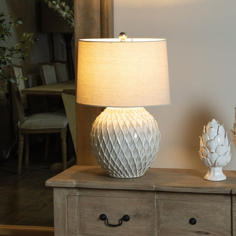 Cream Hue and Natural Linen Shade Lamp with Elegant Lattice Base Design