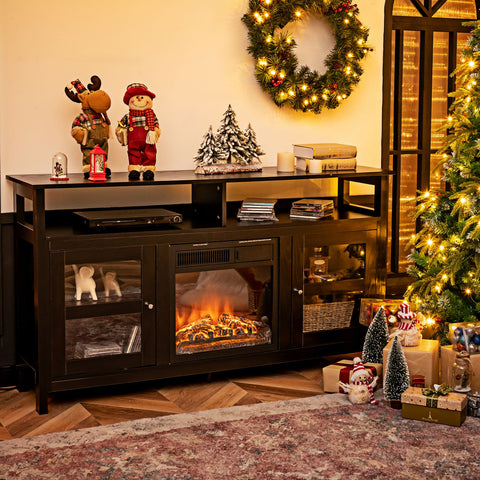 Vintage Multi-Use TV Stand with Double Storage Transparent Cabinet Doors