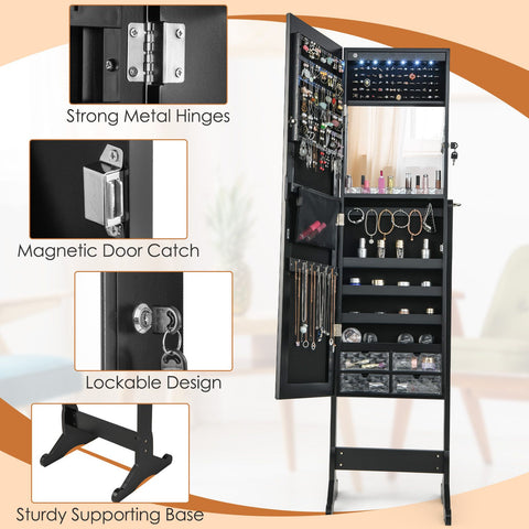 Edgeless Standing Jewellery Mirror with Storages, Internal Mirror, LED and Lock