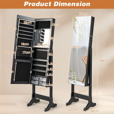 Edgeless Standing Jewellery Mirror with Storages, Internal Mirror, LED and Lock