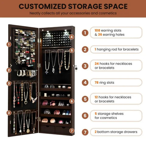 Practical Wall Mounted Jewellery Armoire with Lockable Feature Large Storage Capacity