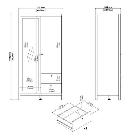 Simple and Minimalistic Hickory Oak Wardrobe with Mirrored Door and Metal Handles