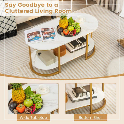 Contemporary 2 Tier Faux Marble Coffee Table with Heavy Duty Metal Structure