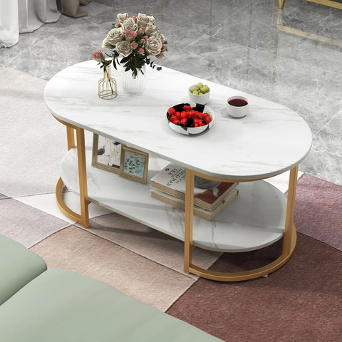 Contemporary 2 Tier Faux Marble Coffee Table with Heavy Duty Metal Structure